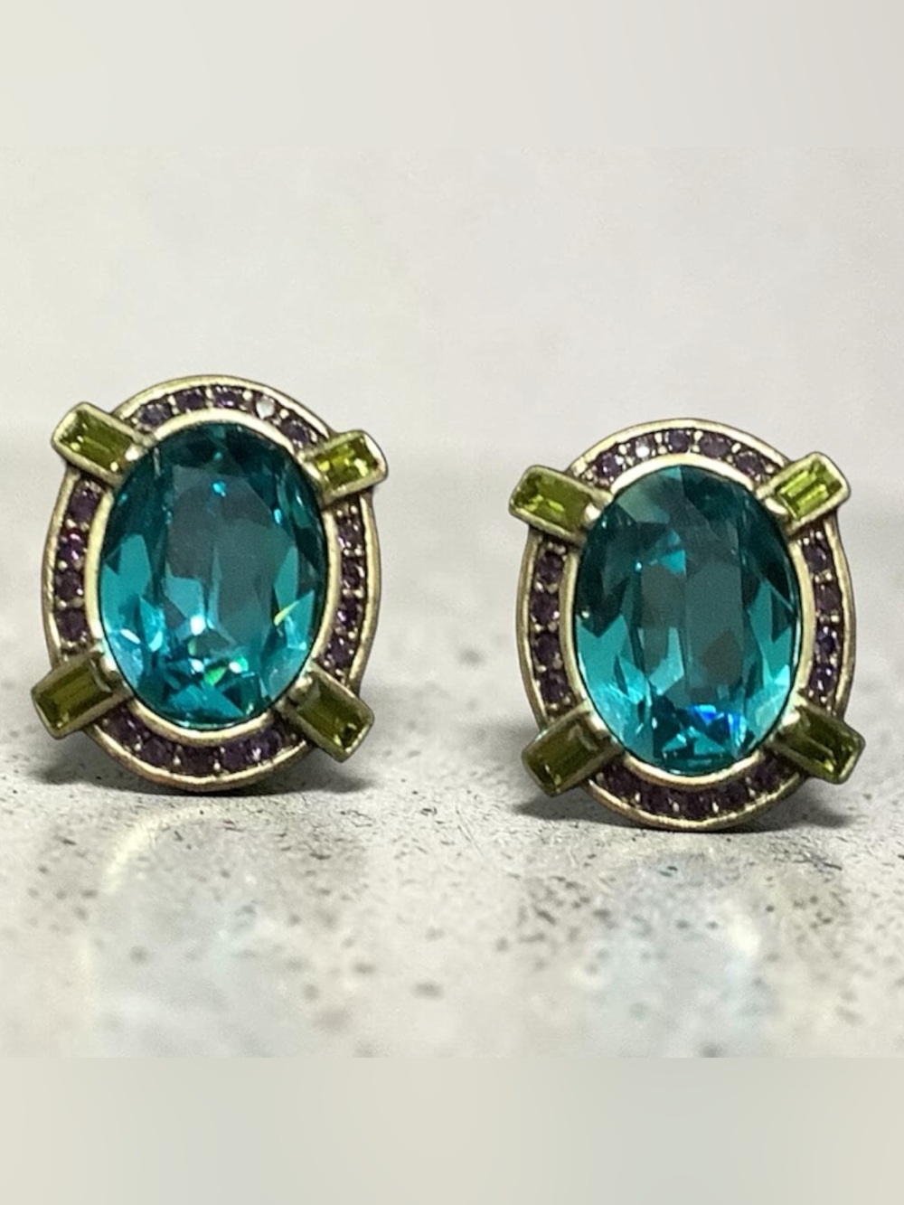 Heidi Daus Teal Oval Earrings with Pave Purple and Olive Swarovski Crystals. NIB